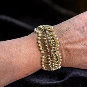 Pearl Fringe Gold Bracelet Mid Century Glam Signed Marboux